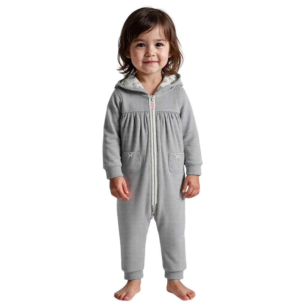 Carter’s Baby Girl Hooded Fleece Jumpsuit Gray Heart Back Zip 9 Months New